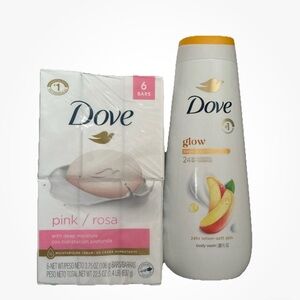 Dove Glow Body Wash & 6 ct Pink Bar Soap Bundle